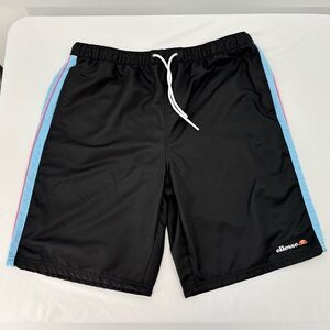 Ellesse Swim Shorts Men’s XL Black Blue Pink Stripe Mesh Lined Drawstring EUC